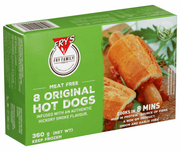 These hot dogs are made from proteins which come from grains and legumes and are infused with a smoky hickory flavour. It is high in protein . Original Hot Dogs