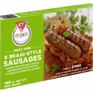 Braai style sausages, made with proteins which come from grains and legumes, seasoned with authentic barbeque spices. Braai Style Sausages Frys