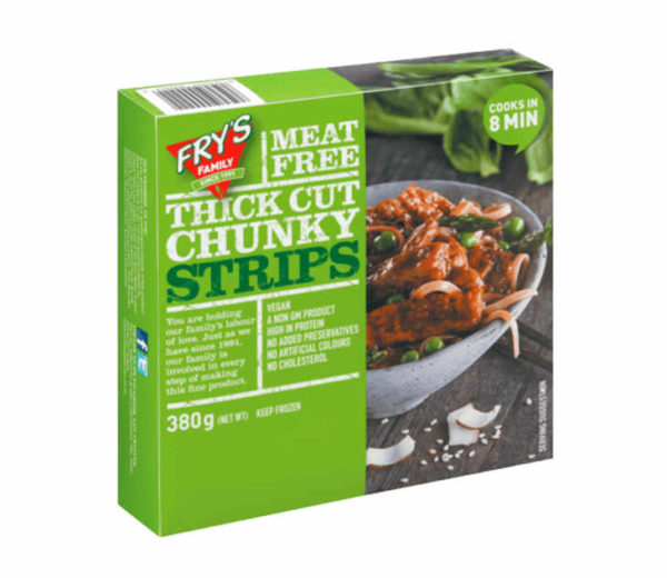 Thick-cut tender strips made with a blend of vegetable proteins which come from grains and legumes. Thick Cut Chunky Strips