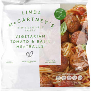 Vegetarian meatballs made with rehydrated textured pea protein, tomato purée and basil.