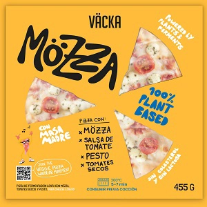Pizza Vegana de la marca Vacka con Queso Mozza, salsa de tomate, peso y tomate seco